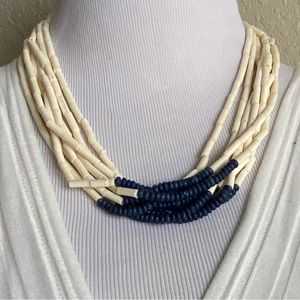 ivory & navy blue BONE and beaded 8 strand MULTI-STRAND NECKLACE